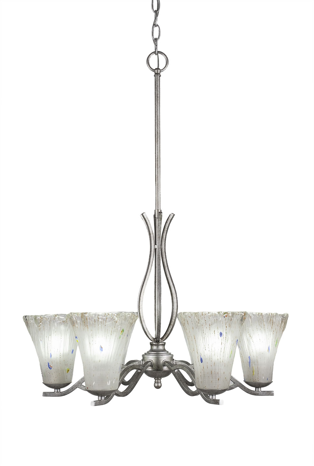 Revo 6 Light Chandelier Shown In Aged Silver Finish With 5.5 Fluted Frosted Crystal Glass
