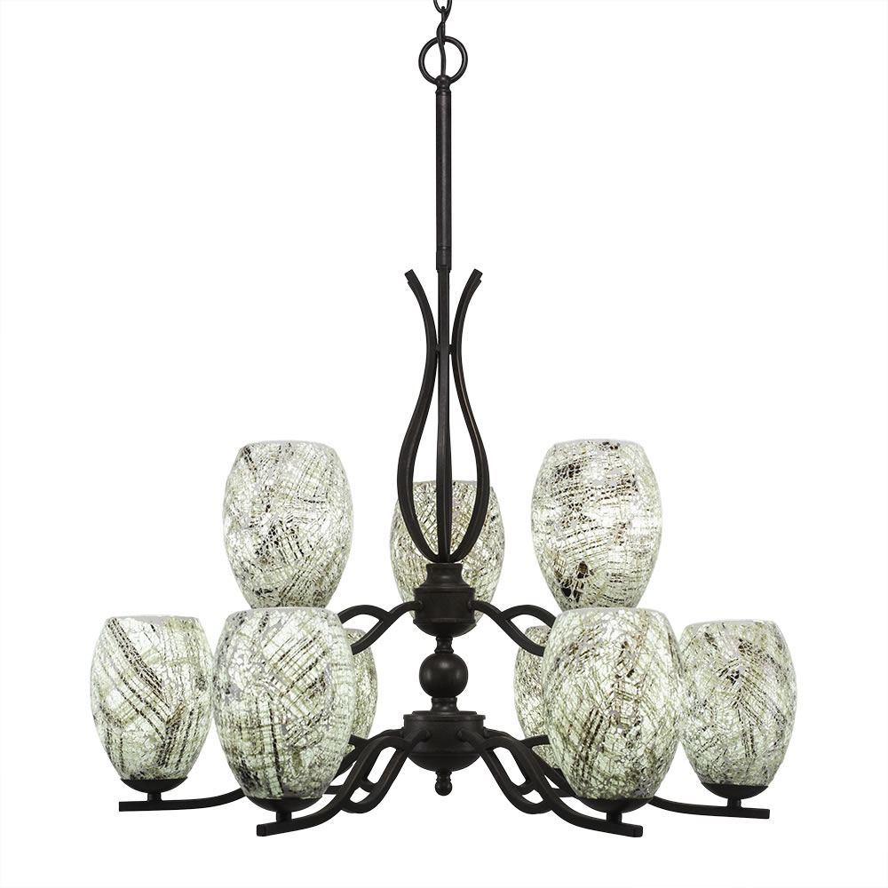 Revo 9 Light Chandelier Shown In Dark Granite Finish With 5 Natural Fusion Glass