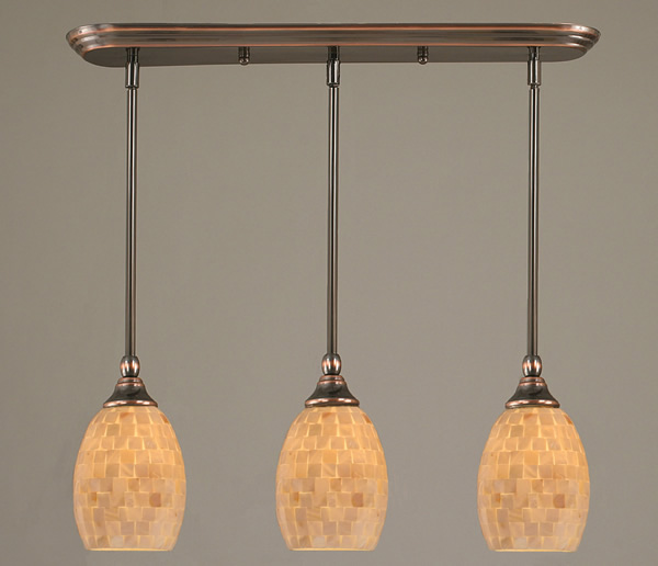 3 Light Multi Light Mini Pendant With Hang Straight Swivels With Hang Straight Swivels Shown In Black Copper Finish With 5" Ivory Glaze Seashell Glass