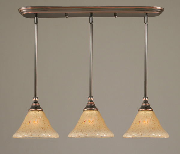 3 Light Multi Light Mini Pendant With Hang Straight Swivels Shown In Black Copper Finish With 7" Amber Crystal Glass