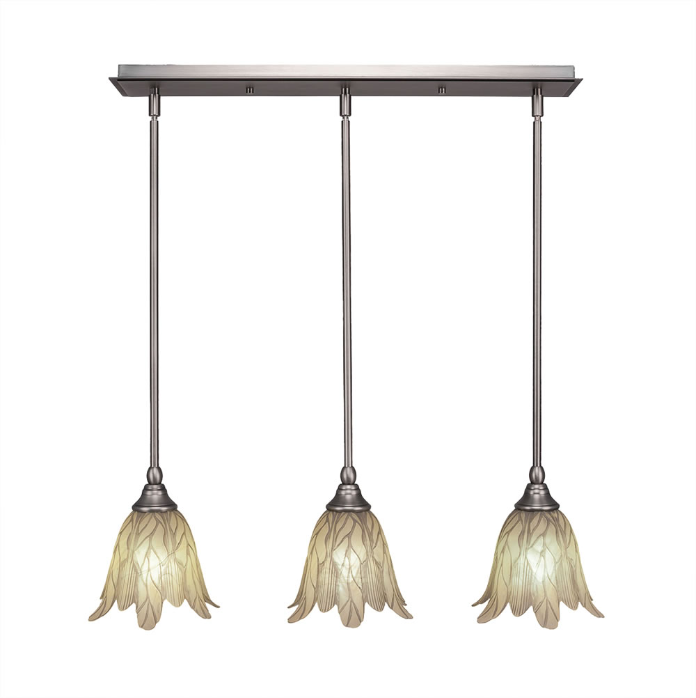 3 Light Multi Light Mini Pendant With Hang Straight Swivels Shown In Brushed Nickel Finish With 7" Vanilla Leaf Glass