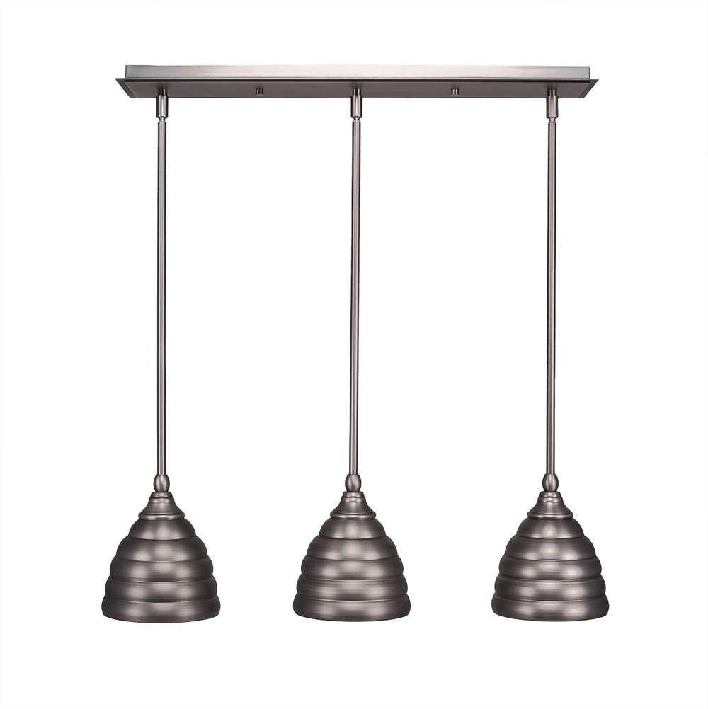 3 Light Multi Light Mini Pendant With Hang Straight Swivels Shown In Brushed Nickel Finish With 6" Brushed Nickel Cone Metal Shade