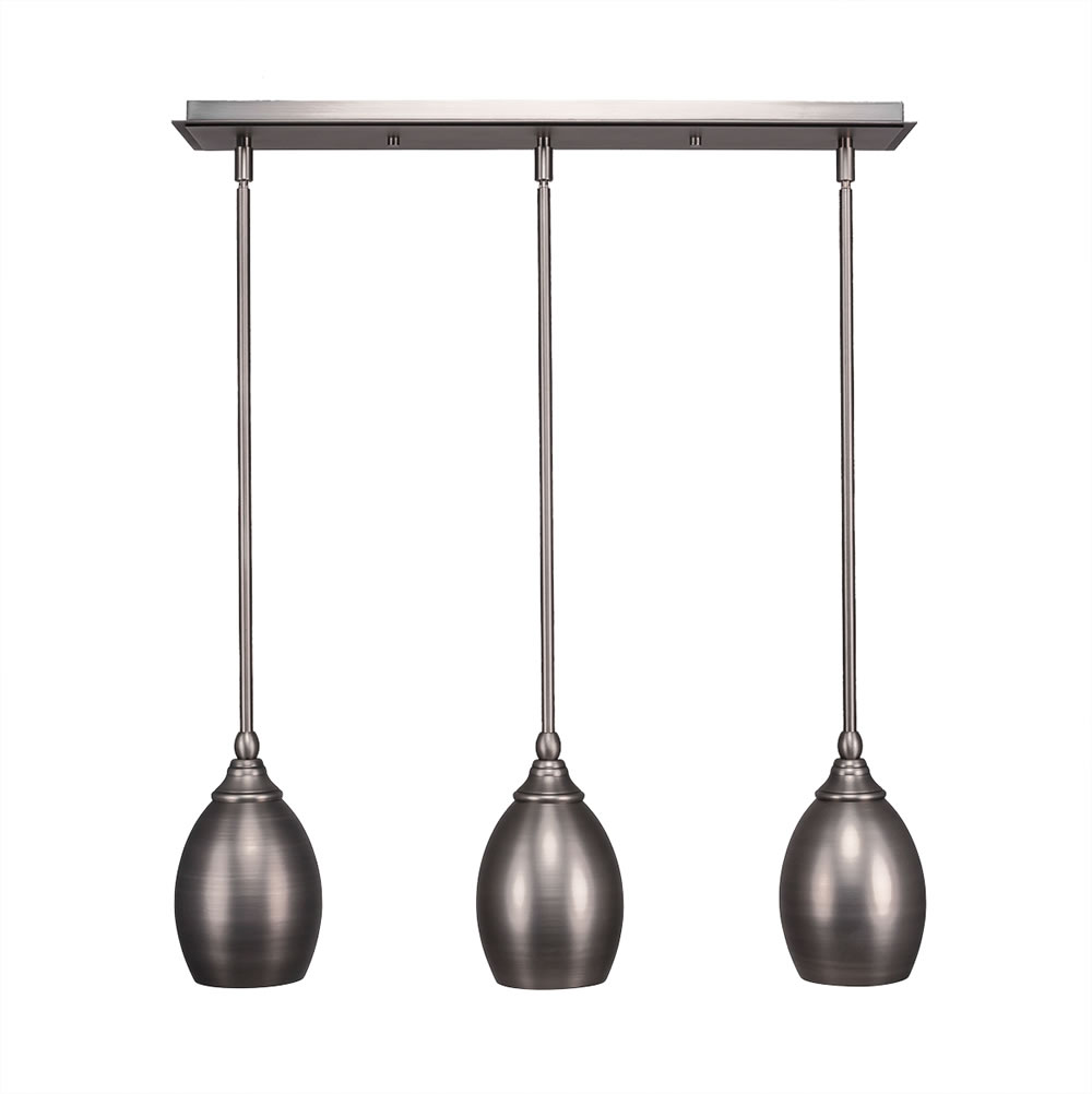 3 Light Multi Light Mini Pendant With Hang Straight Swivels Shown In Brushed Nickel Finish With 5" Brushed Nickel Oval Metal Shade