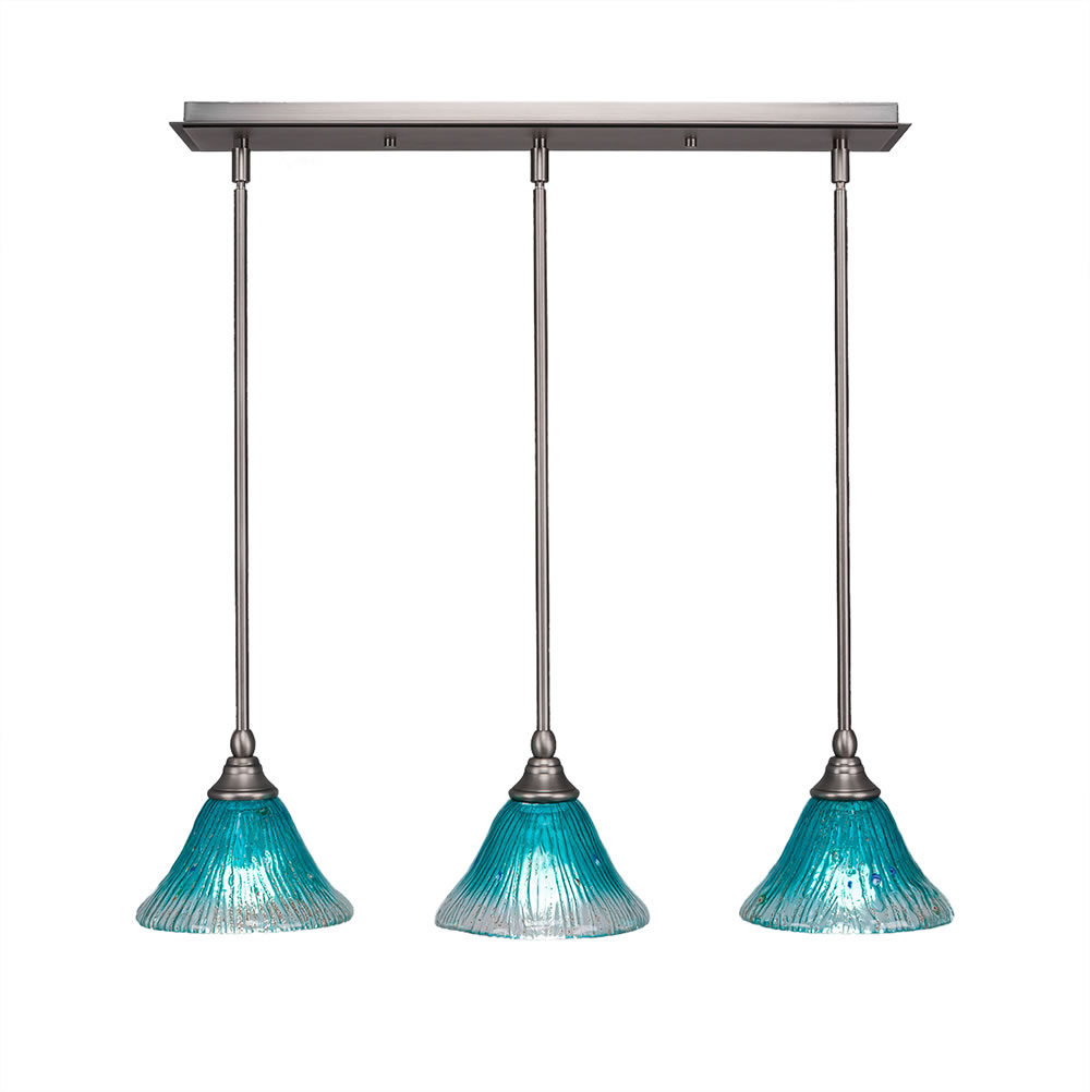 3 Light Multi Light Mini Pendant With Hang Straight Swivels Shown In Brushed Nickel Finish With 7" Teal Crystal Glass