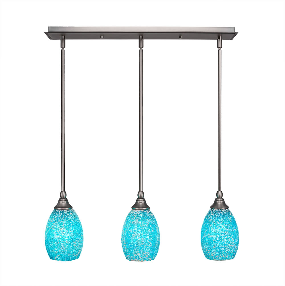 3 Light Multi Light Mini Pendant With Hang Straight Swivels Shown In Brushed Nickel Finish With 5" Turquoise Fusion Glass