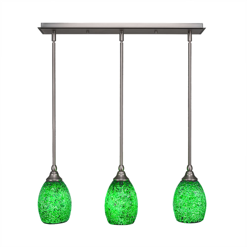 3 Light Multi Light Mini Pendant With Hang Straight Swivels Shown In Brushed Nickel Finish With 5" Green Fusion Glass