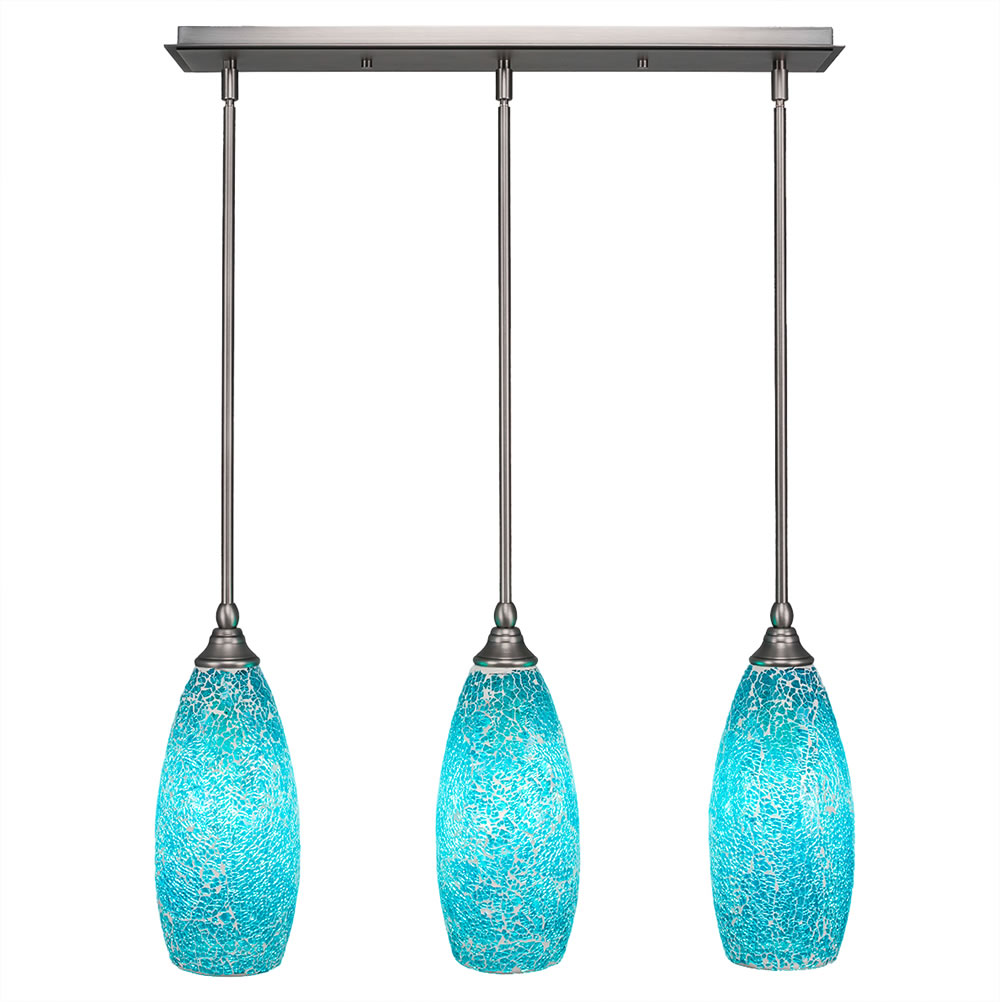 3 Light Multi Light Mini Pendant With Hang Straight Swivels Shown In Brushed Nickel Finish With 5.5" Turquoise Fusion Glass