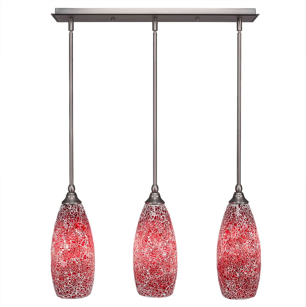 3 Light Multi Light Mini Pendant With Hang Straight Swivels Shown In Brushed Nickel Finish With 5.5" Red Fusion Glass