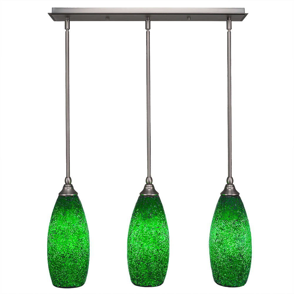3 Light Multi Light Mini Pendant With Hang Straight Swivels Shown In Brushed Nickel Finish With 5.5" Green Fusion Glass