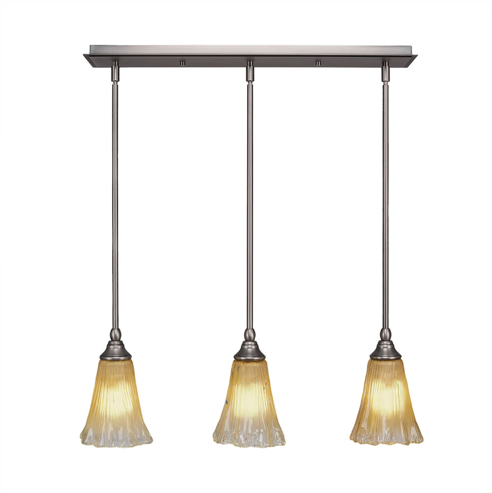 3 Light Multi Light Mini Pendant With Hang Straight Swivels Shown In Brushed Nickel Finish With 5.5" Fluted Amber Crystal Glass