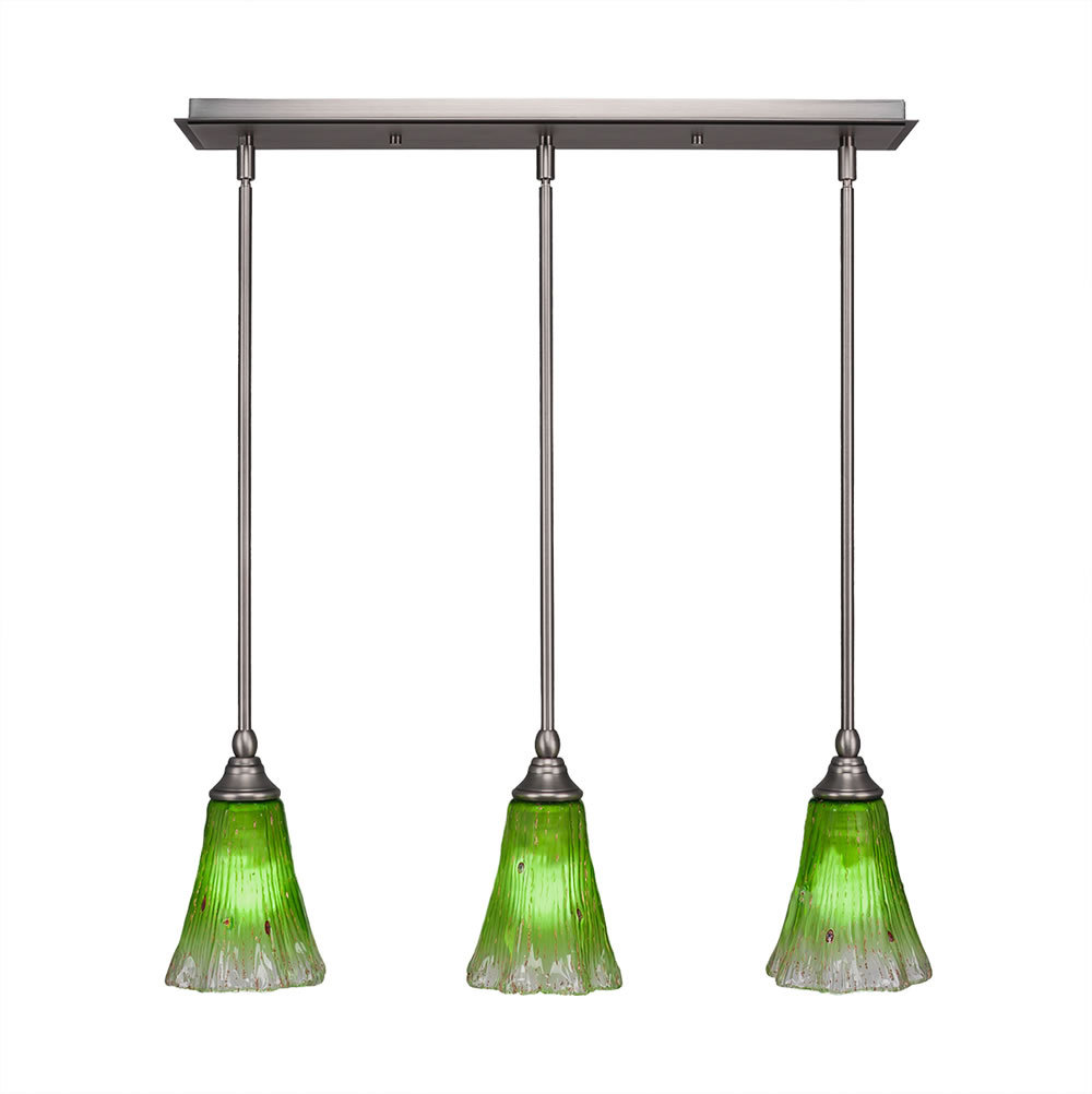 3 Light Multi Light Mini Pendant With Hang Straight Swivels Shown In Brushed Nickel Finish With 5.5" Fluted Kiwi Green Crystal Glass
