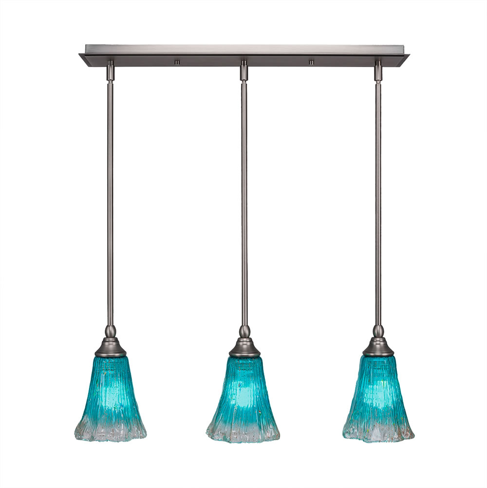 3 Light Multi Light Mini Pendant With Hang Straight Swivels Shown In Brushed Nickel Finish With 5.5" Fluted Teal Crystal Glass