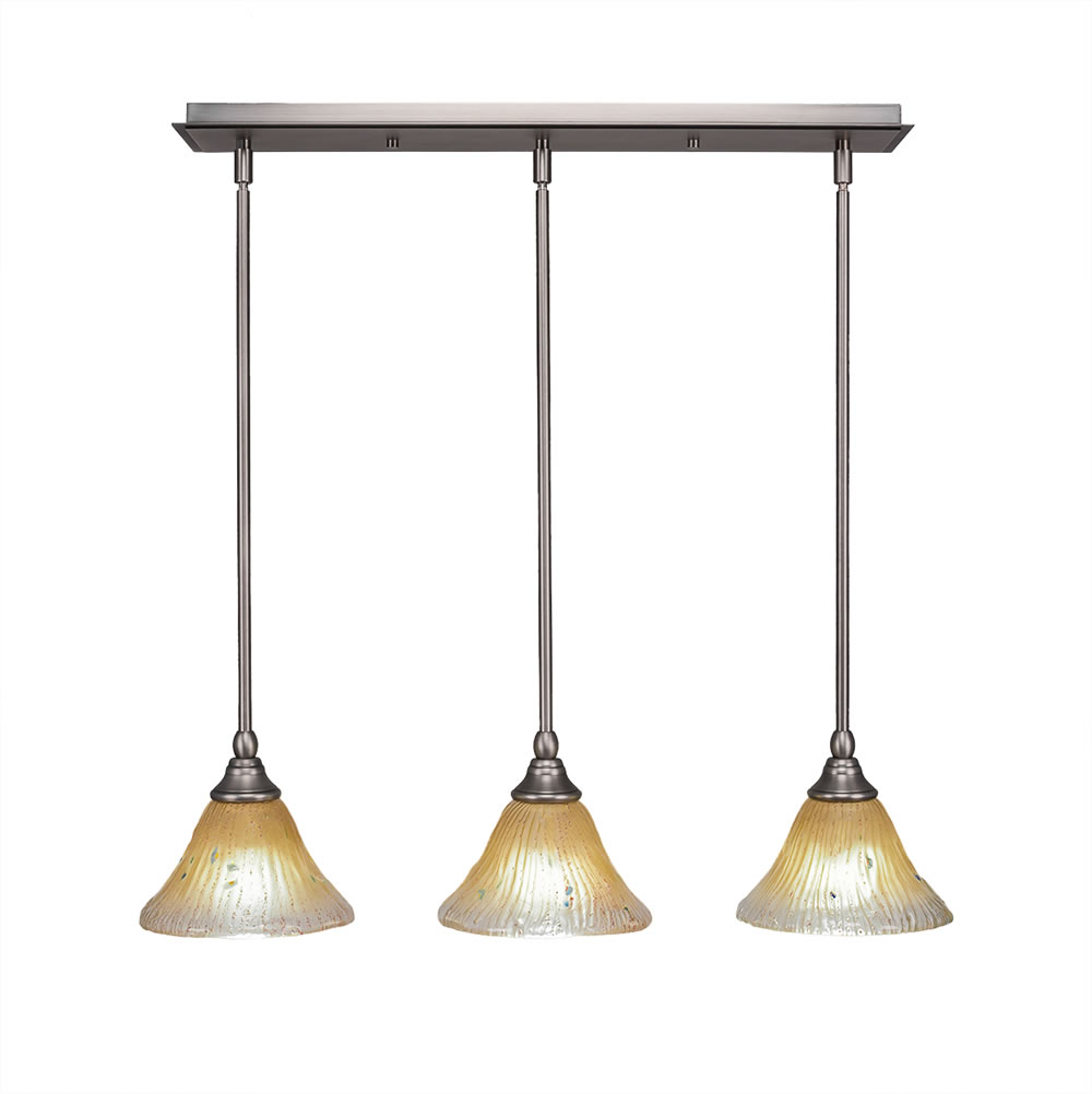 3 Light Multi Light Mini Pendant With Hang Straight Swivels Shown In Brushed Nickel Finish With 7" Amber Crystal Glass