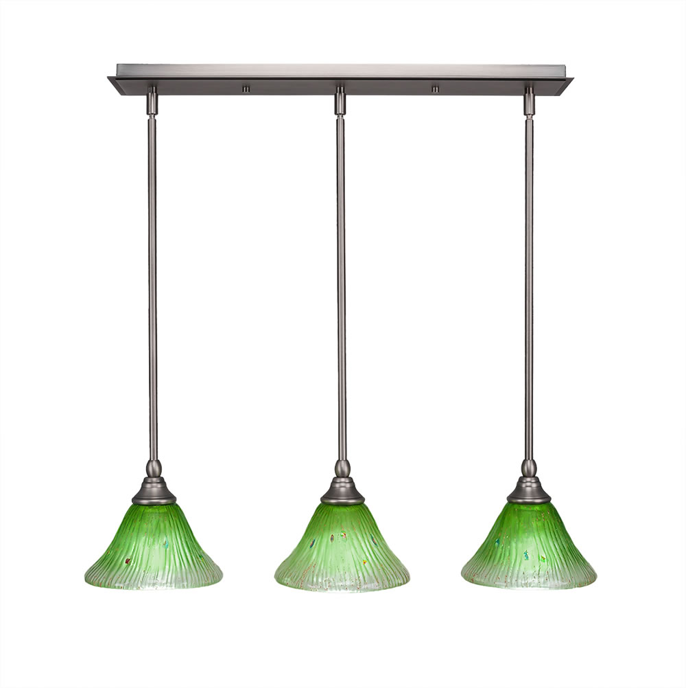 3 Light Multi Light Mini Pendant With Hang Straight Swivels Shown In Brushed Nickel Finish With 7" Kiwi Green Crystal Glass