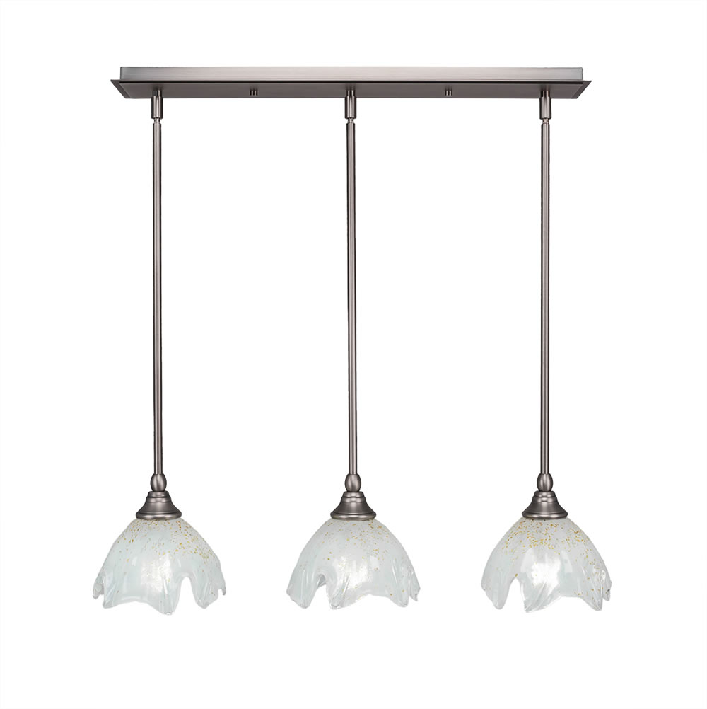 3 Light Multi Light Mini Pendant With Hang Straight Swivels Shown In Brushed Nickel Finish With 7" Gold Ice Glass