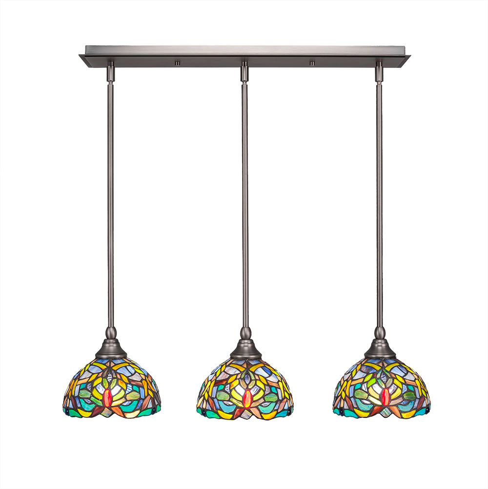 3 Light Multi Light Mini Pendant With Hang Straight Swivels Shown In Brushed Nickel Finish With 7" Kaleidoscope Tiffany Glass