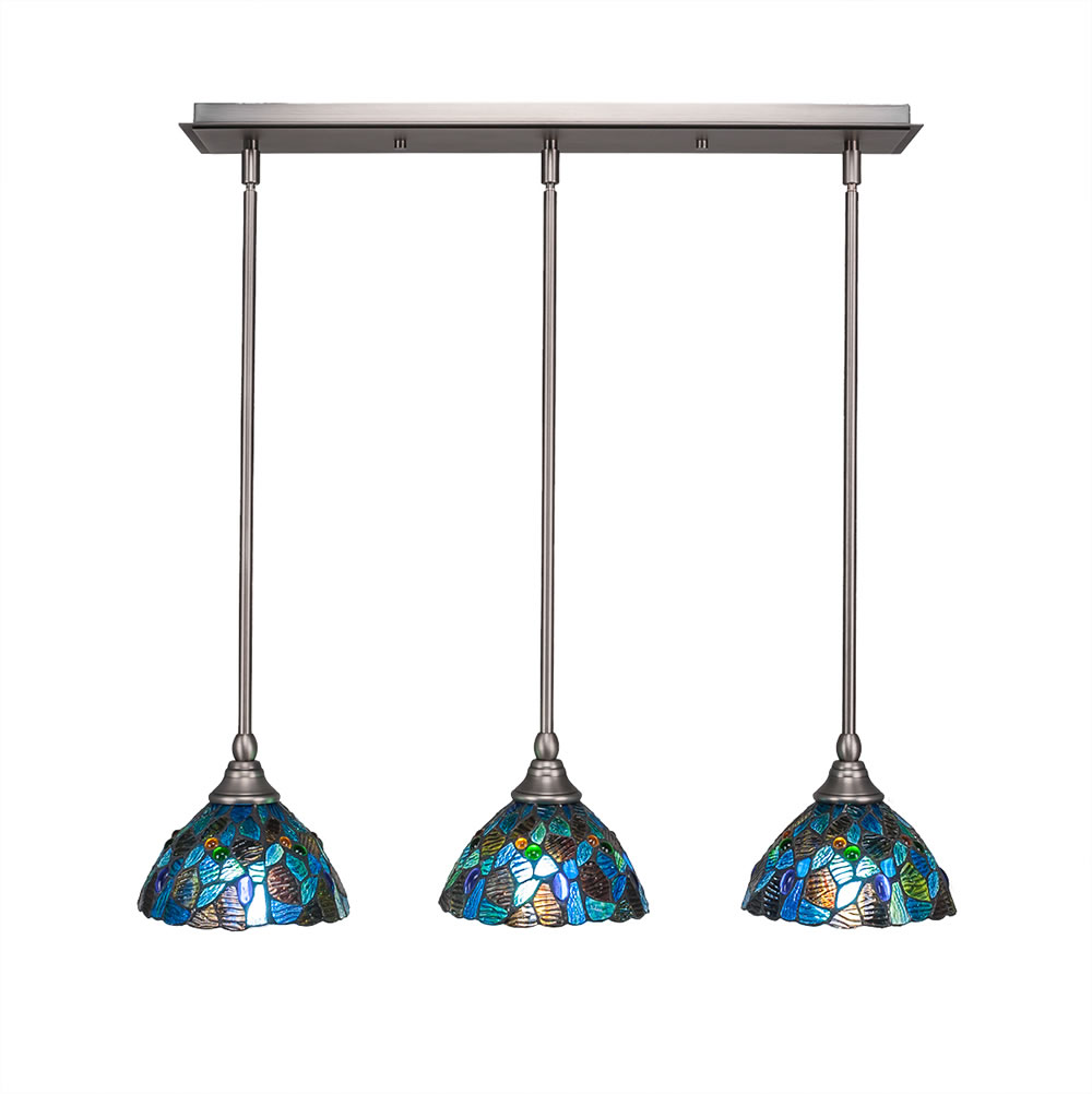 3 Light Multi Light Mini Pendant With Hang Straight Swivels Shown In Brushed Nickel Finish With 7" Blue Mosaic Tiffany Glass