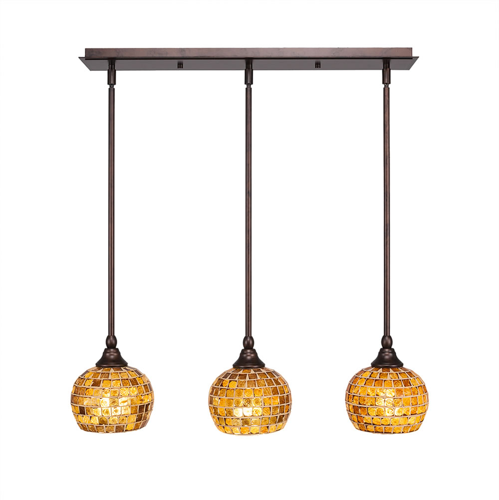 3 Light Multi Light Mini Pendant With Hang Straight Swivels Shown In Bronze Finish With 6" Copper Mosaic Glass