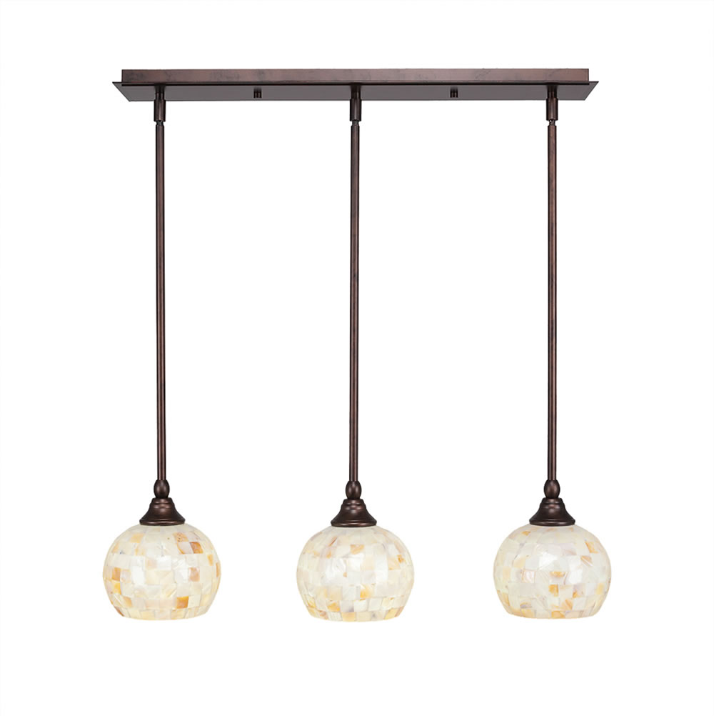 3 Light Multi Light Mini Pendant With Hang Straight Swivels Shown In Bronze Finish With 6" Mystic Seashell Glass