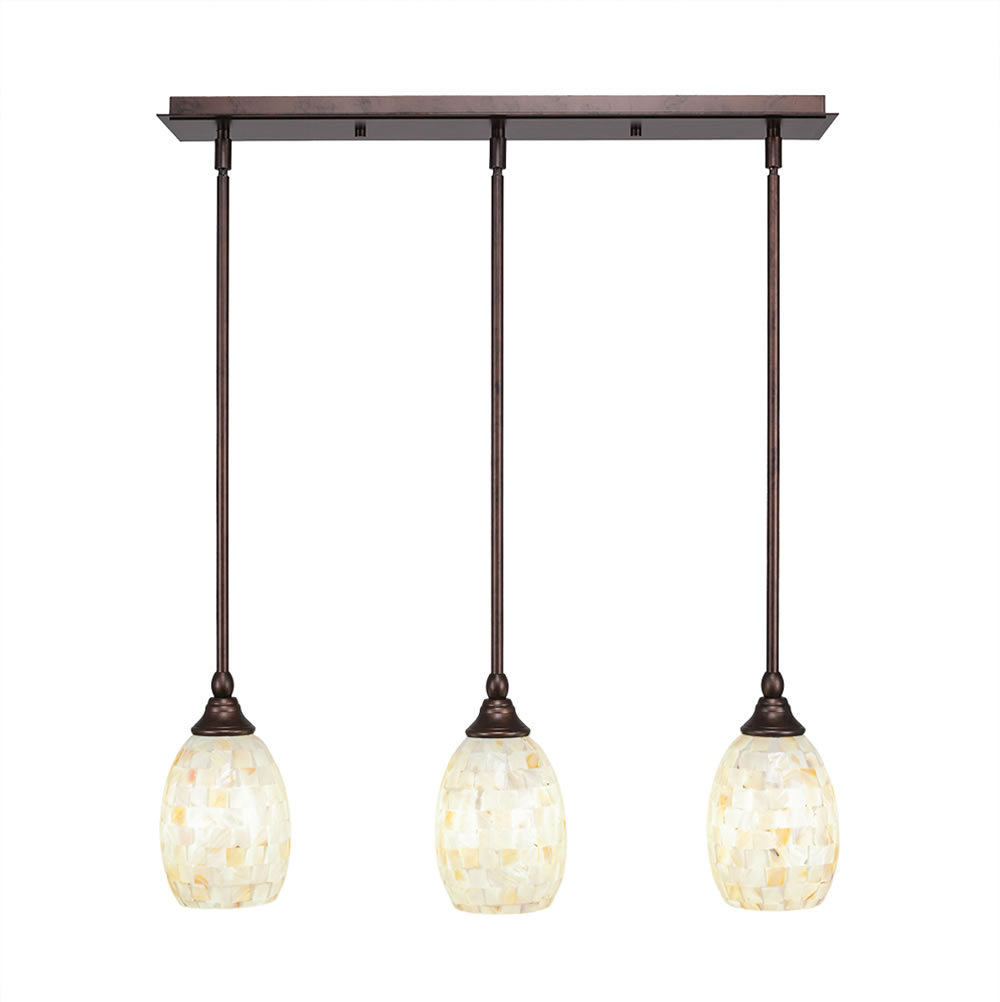 3 Light Multi Light Mini Pendant With Hang Straight Swivels Shown In Bronze Finish With 5" Ivory Glaze Seashell Glass