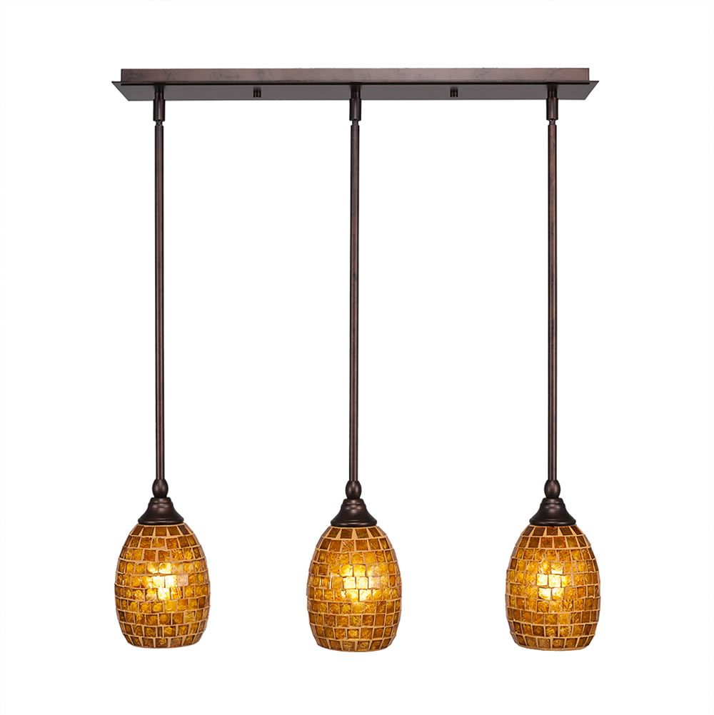 3 Light Multi Light Mini Pendant With Hang Straight Swivels Shown In Bronze Finish With 5" Copper Mosaic Glass