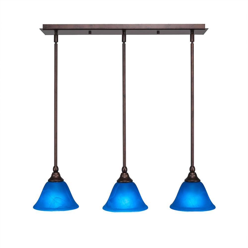 3 Light Multi Light Mini Pendant With Hang Straight Swivels Shown In Bronze Finish With 7" Blue Italian Glass