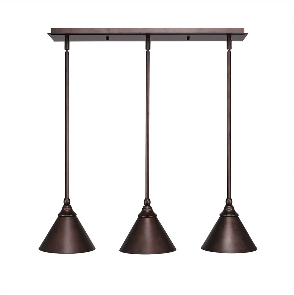 3 Light Multi Light Mini Pendant With Hang Straight Swivels Shown In Bronze Finish With 7" Bronze Cone Metal Shade