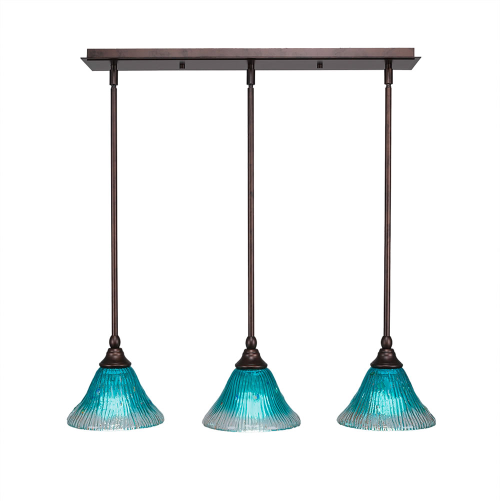 3 Light Multi Light Mini Pendant With Hang Straight Swivels Shown In Bronze Finish With 7" Teal Crystal Glass