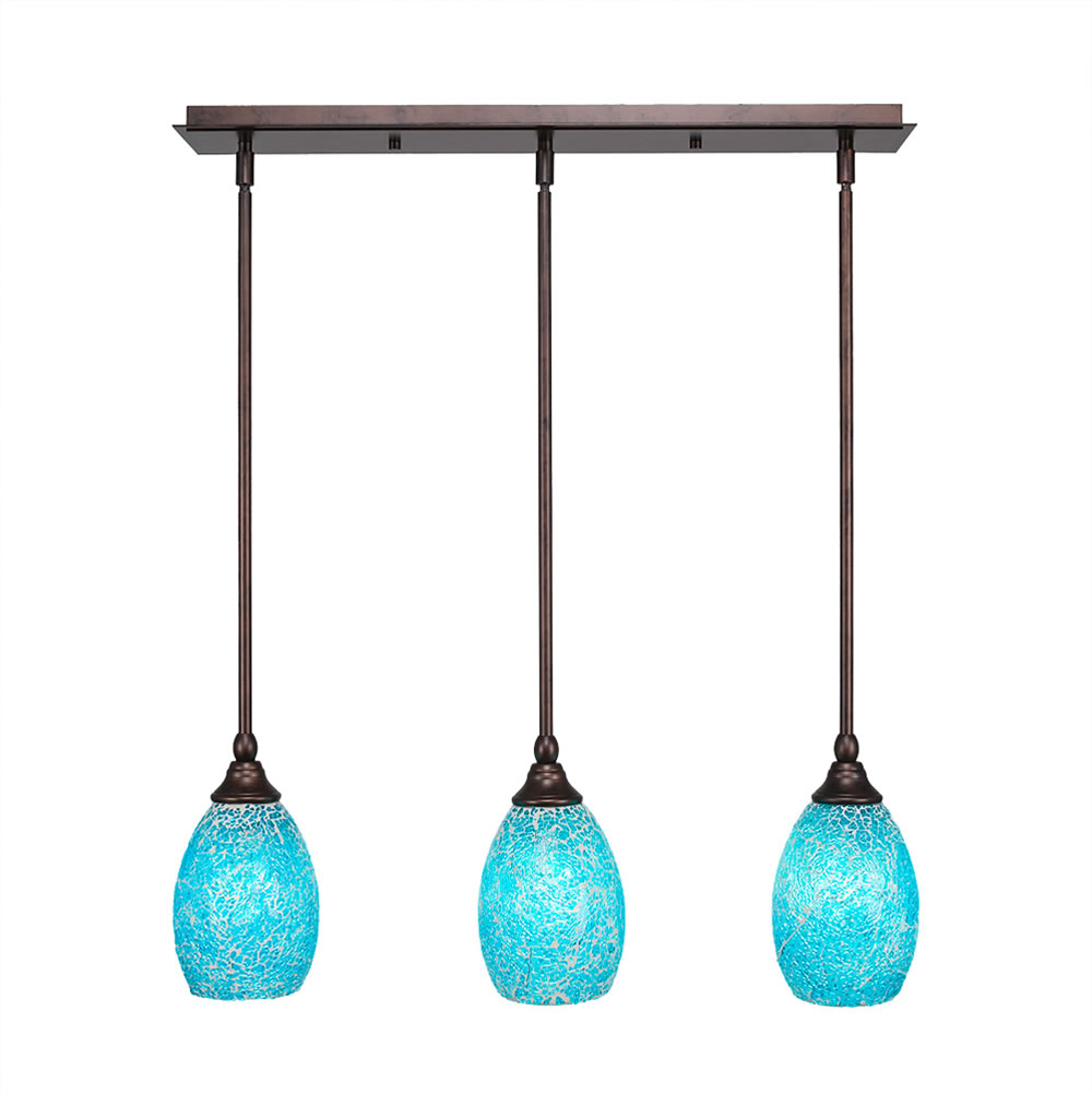 3 Light Multi Light Mini Pendant With Hang Straight Swivels Shown In Bronze Finish With 5" Turquoise Fusion Glass