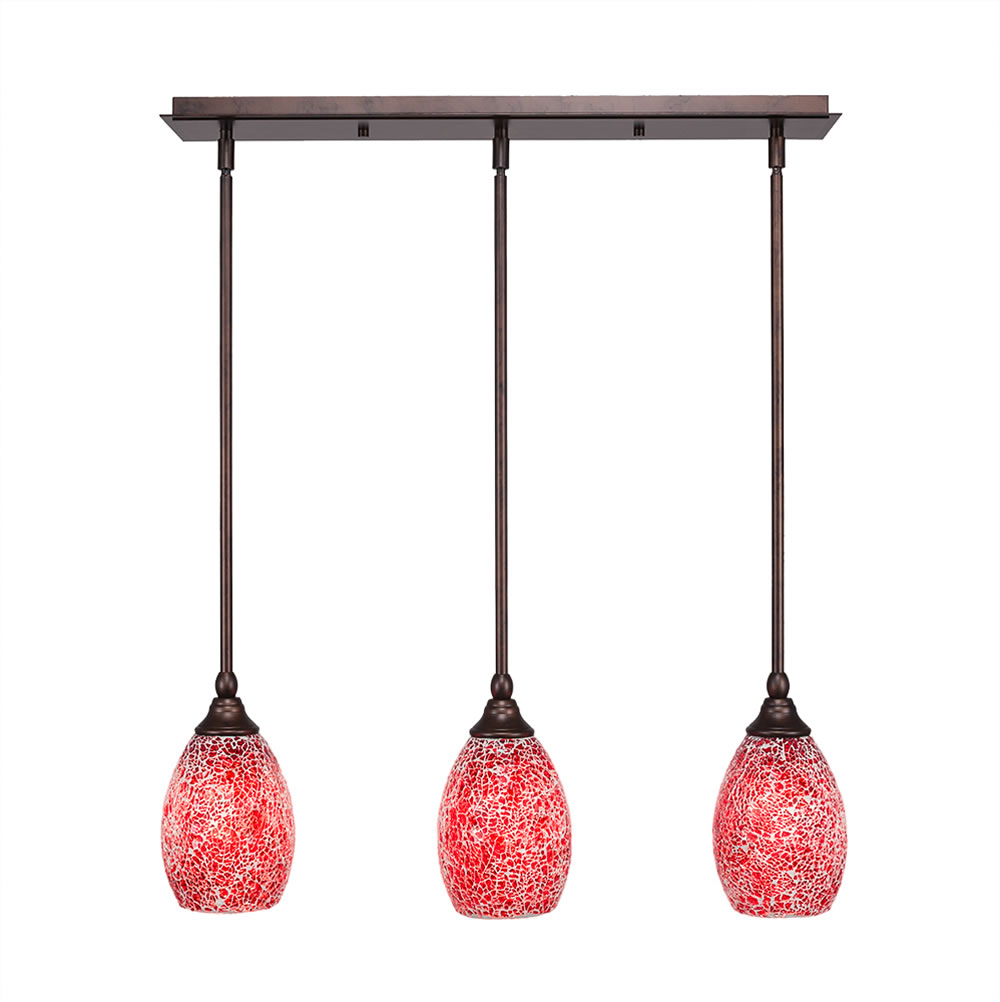 3 Light Multi Light Mini Pendant With Hang Straight Swivels Shown In Bronze Finish With 5" Red Fusion Glass