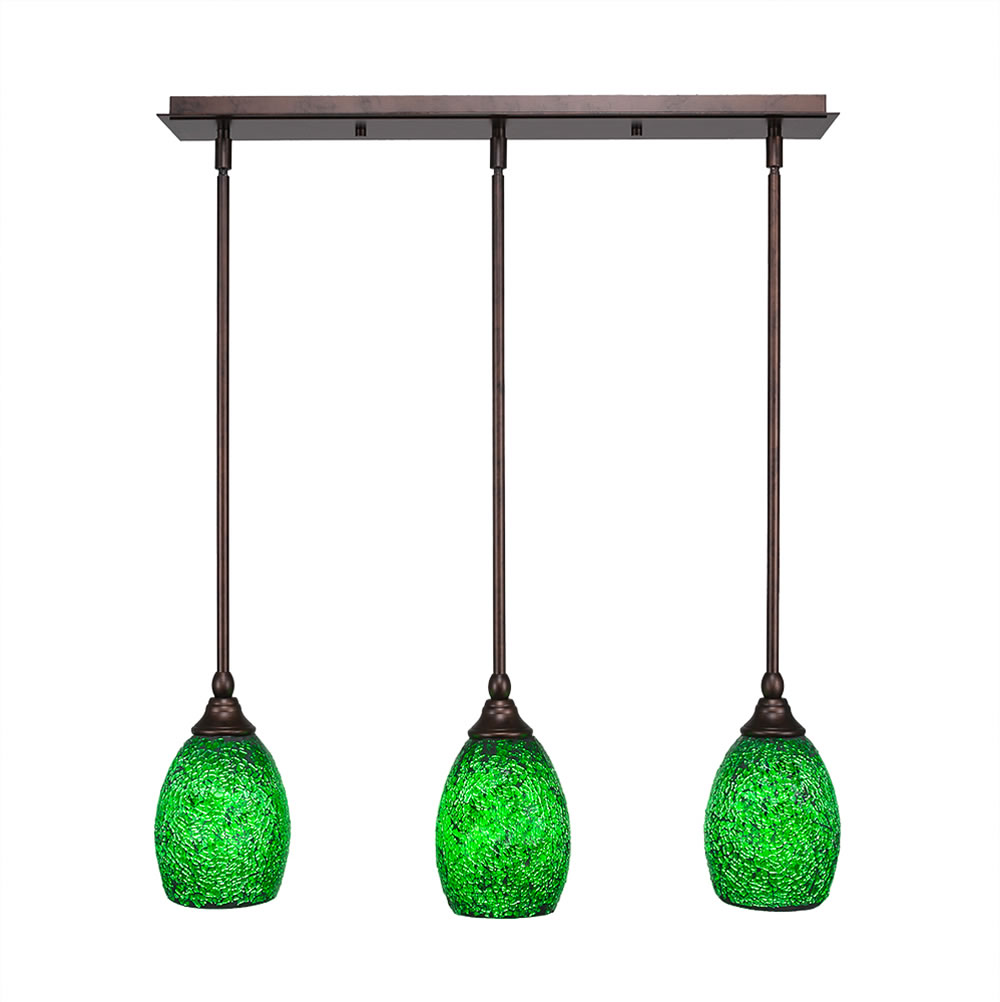 3 Light Multi Light Mini Pendant With Hang Straight Swivels Shown In Bronze Finish With 5" Green Fusion Glass