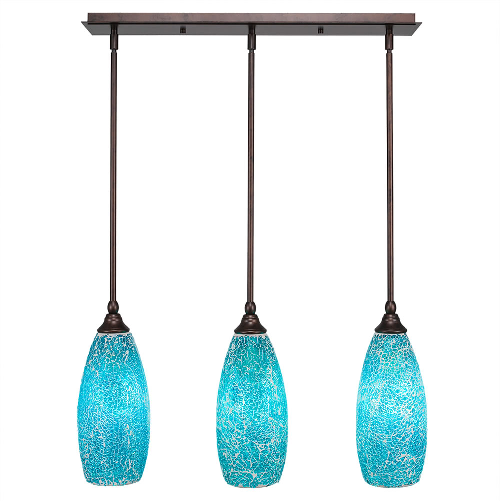 3 Light Multi Light Mini Pendant With Hang Straight Swivels Shown In Bronze Finish With 5.5" Turquoise Fusion Glass