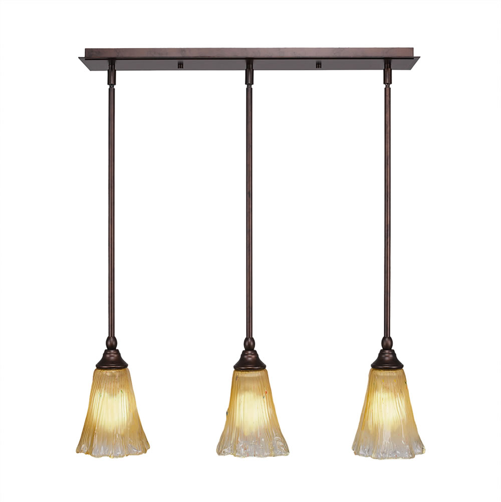 3 Light Multi Light Mini Pendant With Hang Straight Swivels Shown In Bronze Finish With 5.5" Fluted Amber Crystal Glass