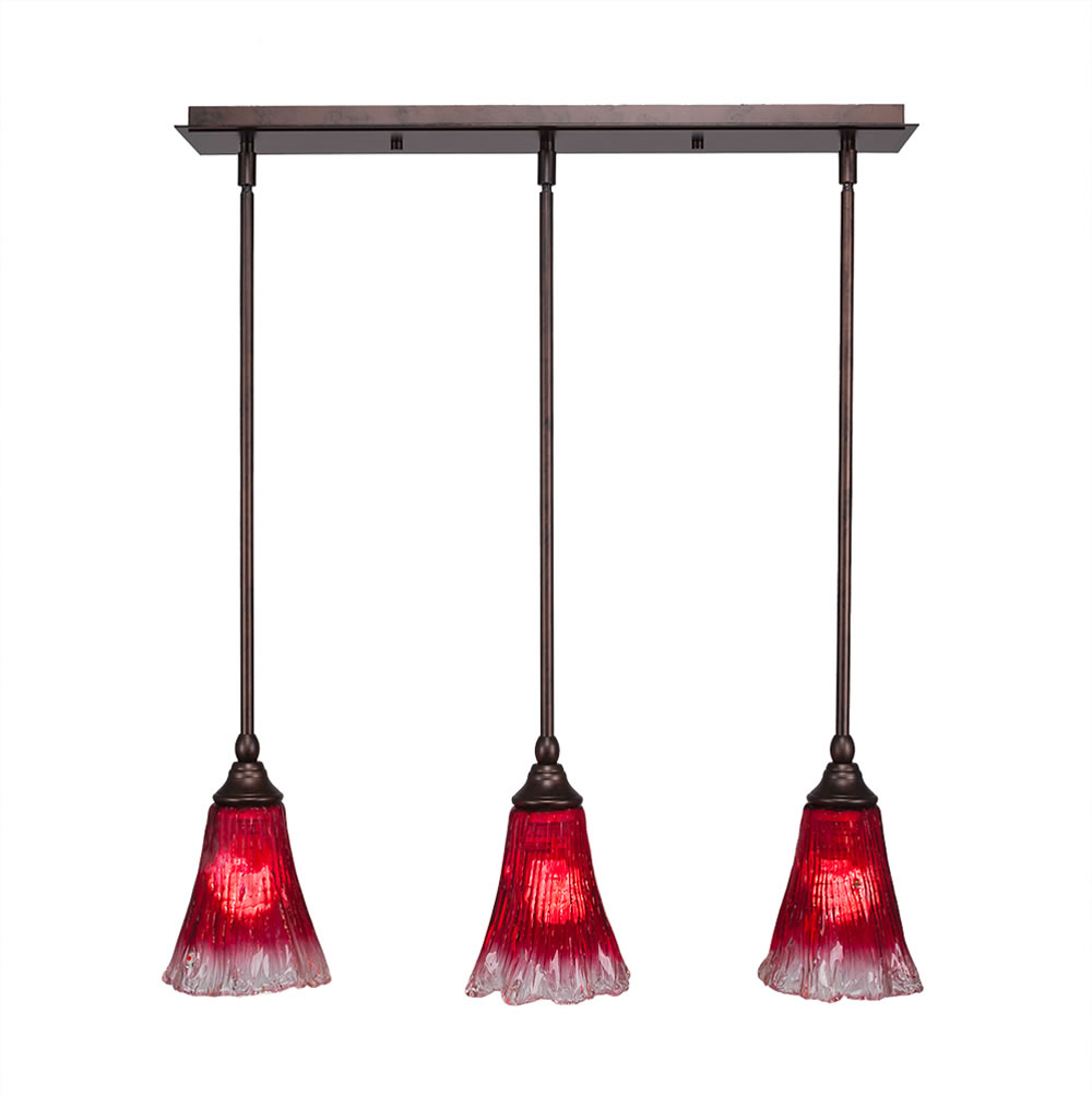 3 Light Multi Light Mini Pendant With Hang Straight Swivels Shown In Bronze Finish With 5.5" Fluted Raspberry Crystal Glass