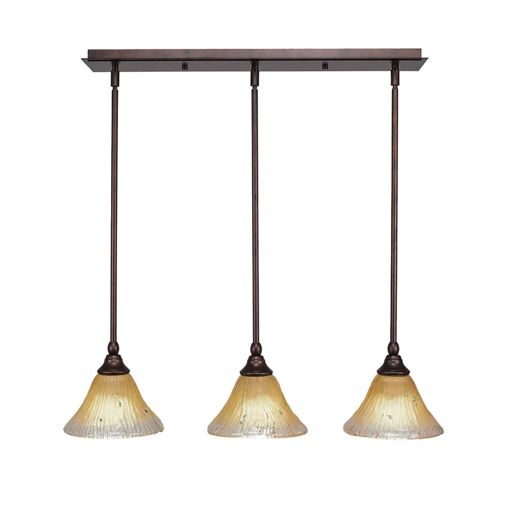 3 Light Multi Light Mini Pendant With Hang Straight Swivels Shown In Bronze Finish With 7" Amber Crystal Glass