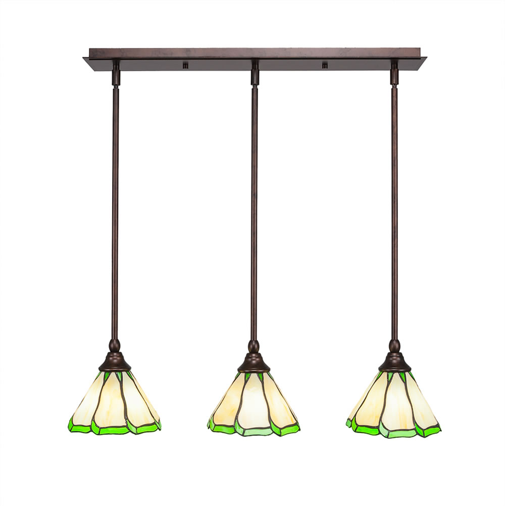 3 Light Multi Light Mini Pendant With Hang Straight Swivels Shown In Bronze Finish With 7" Honey & Hunter Green Flair Tiffany Glass