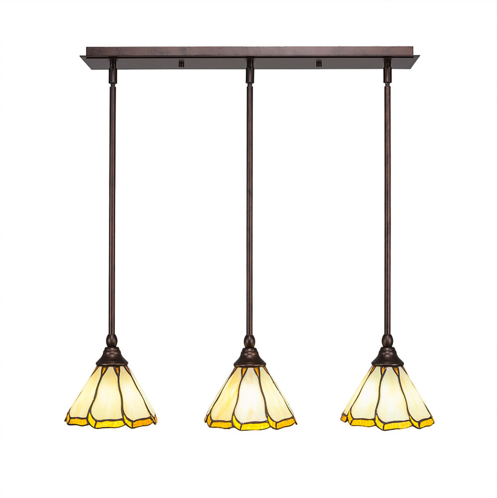 3 Light Multi Light Mini Pendant With Hang Straight Swivels Shown In Bronze Finish With 7" Honey & Brown Flair Tiffany Glass