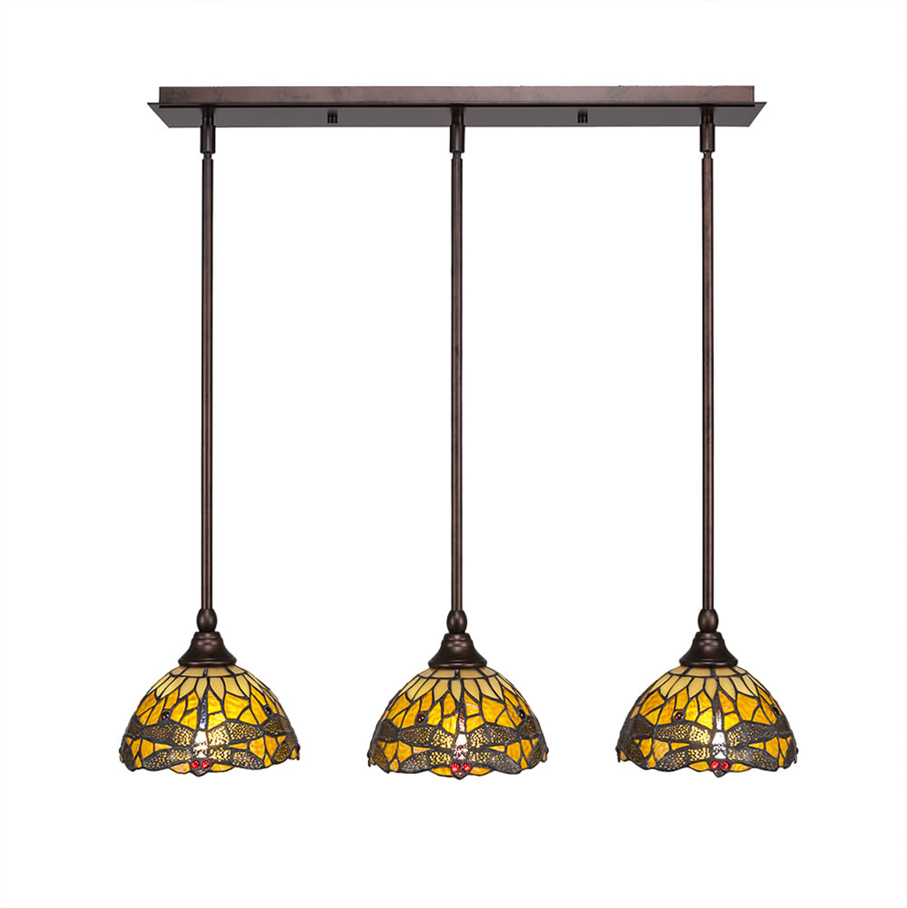 3 Light Multi Light Mini Pendant With Hang Straight Swivels Shown In Bronze Finish With 7" Amber Dragonfly Tiffany Glass
