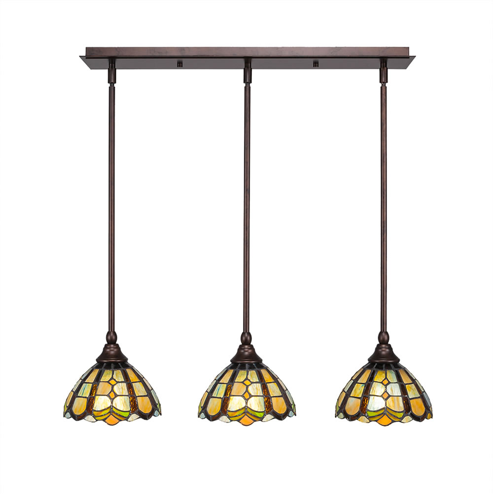 3 Light Multi Light Mini Pendant With Hang Straight Swivels Shown In Bronze Finish With 7" Paradise Tiffany Glass