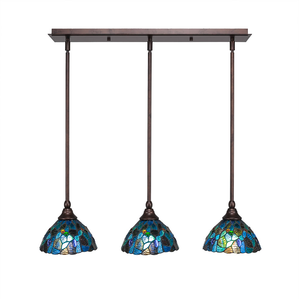 3 Light Multi Light Mini Pendant With Hang Straight Swivels Shown In Bronze Finish With 7" Blue Mosaic Tiffany Glass