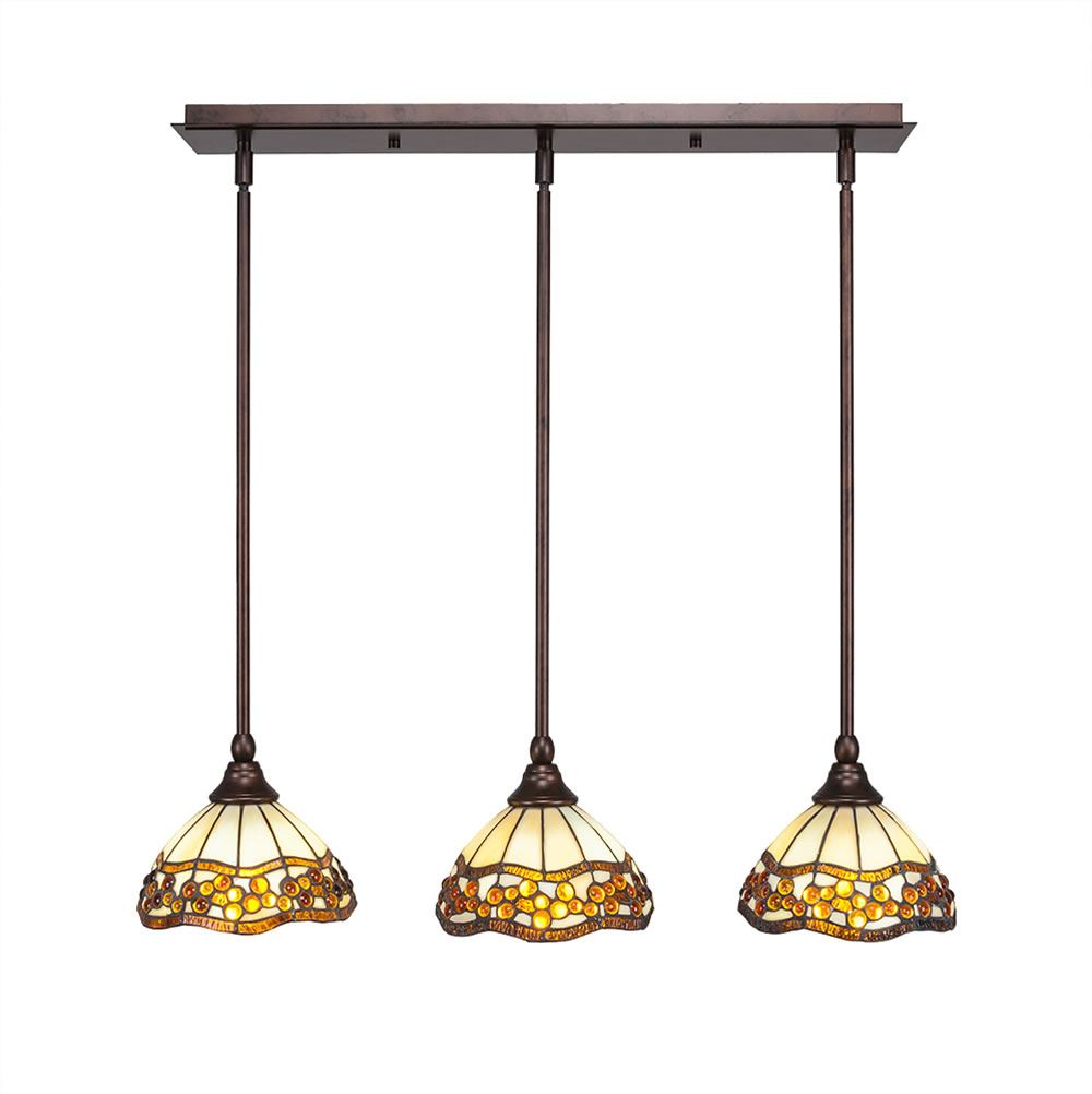 3 Light Multi Light Mini Pendant With Hang Straight Swivels Shown In Bronze Finish With 7" Roman Jewel Tiffany Glass