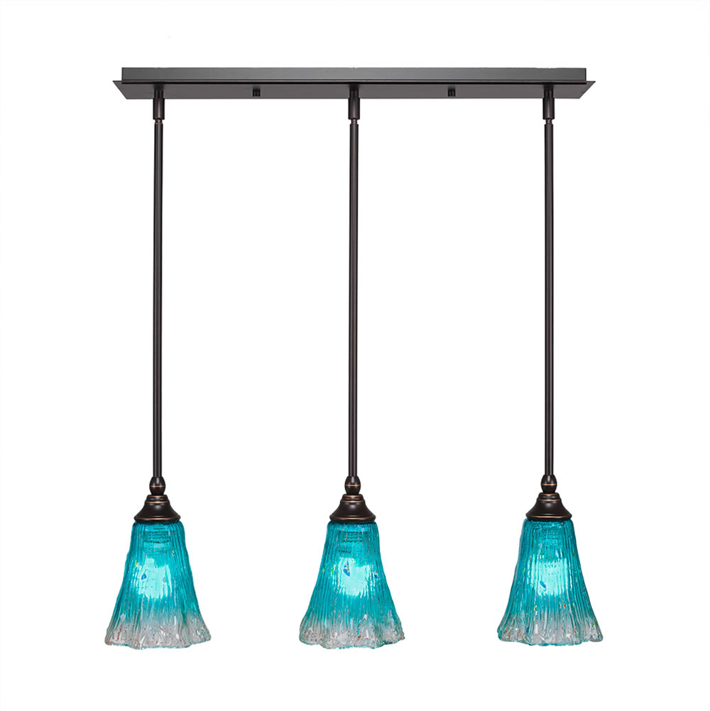 3 Light Multi Light Mini Pendant With Hang Straight Swivels Shown In Dark Granite Finish With 5.5" Fluted Teal Crystal Glass