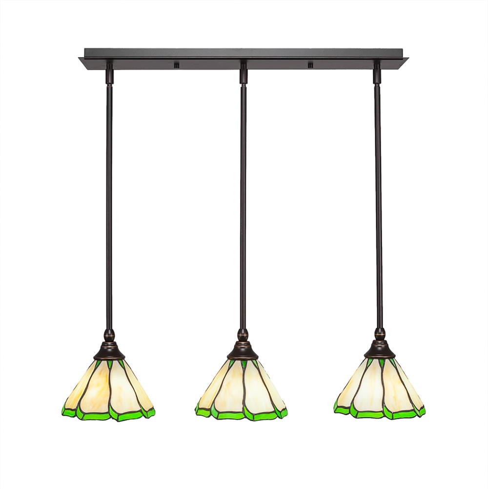 3 Light Multi Light Mini Pendant With Hang Straight Swivels Shown In Dark Granite Finish With 7" Honey & Hunter Green Flair Tiffany Glass