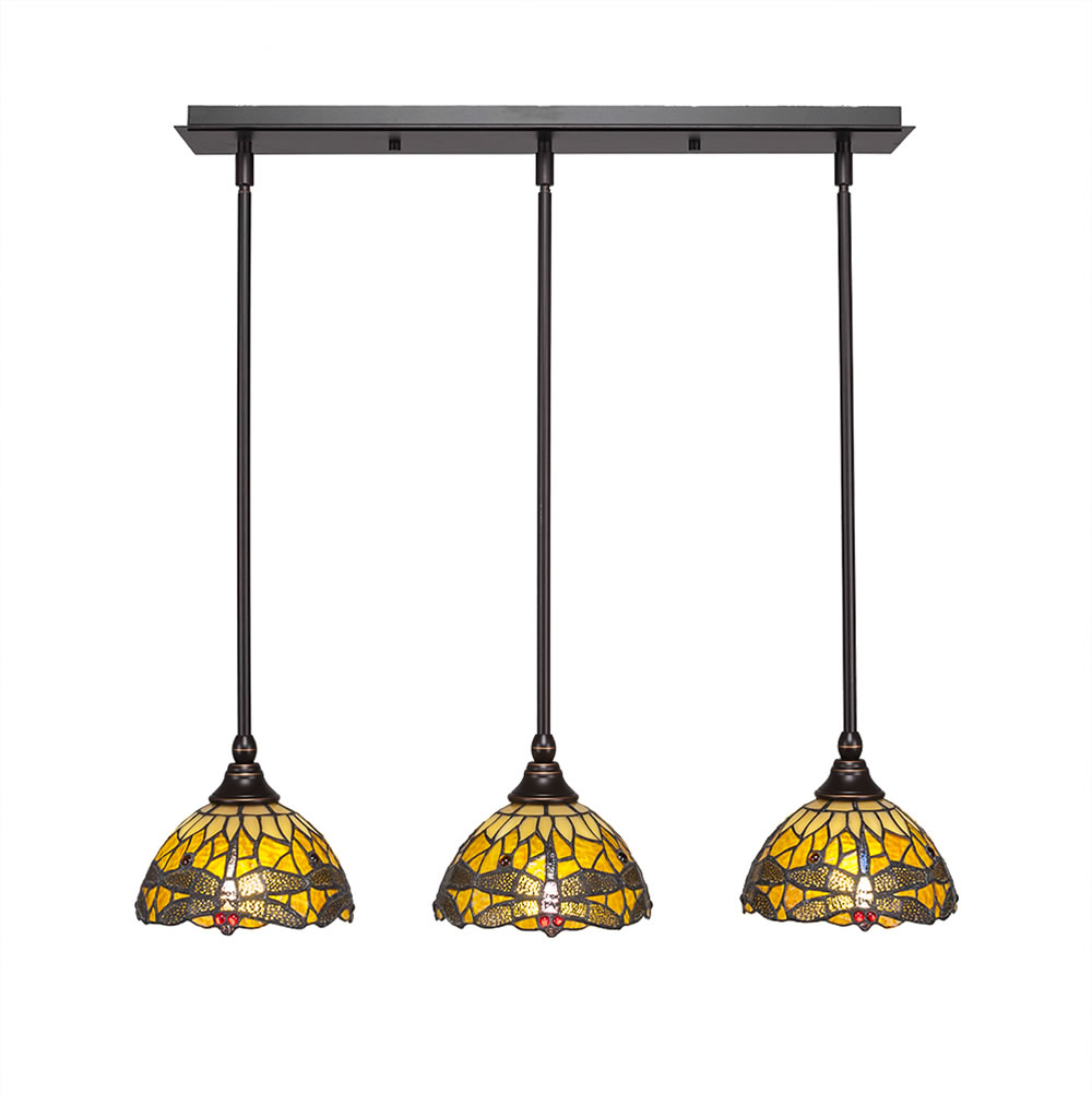 3 Light Multi Light Mini Pendant With Hang Straight Swivels Shown In Dark Granite Finish With 7" Amber Dragonfly Tiffany Glass