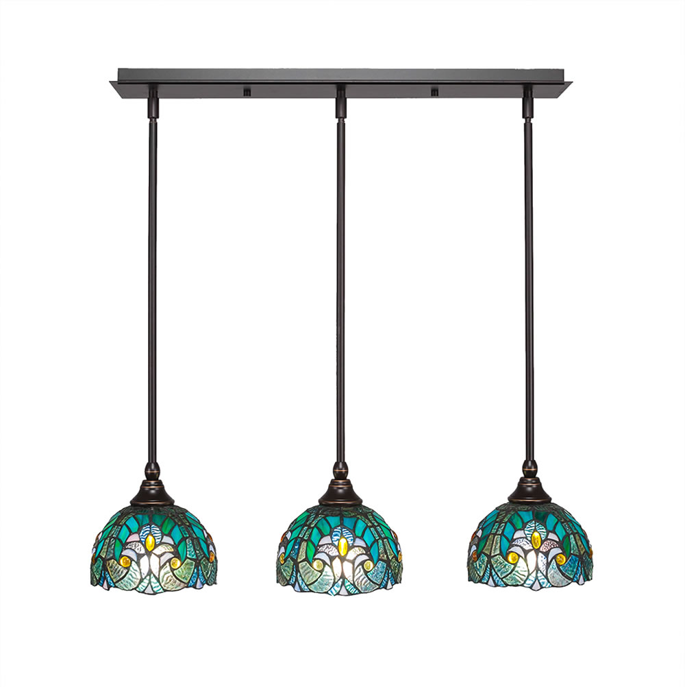 3 Light Multi Light Mini Pendant With Hang Straight Swivels Shown In Dark Granite Finish With 7" Turquoise Cypress Tiffany Glass