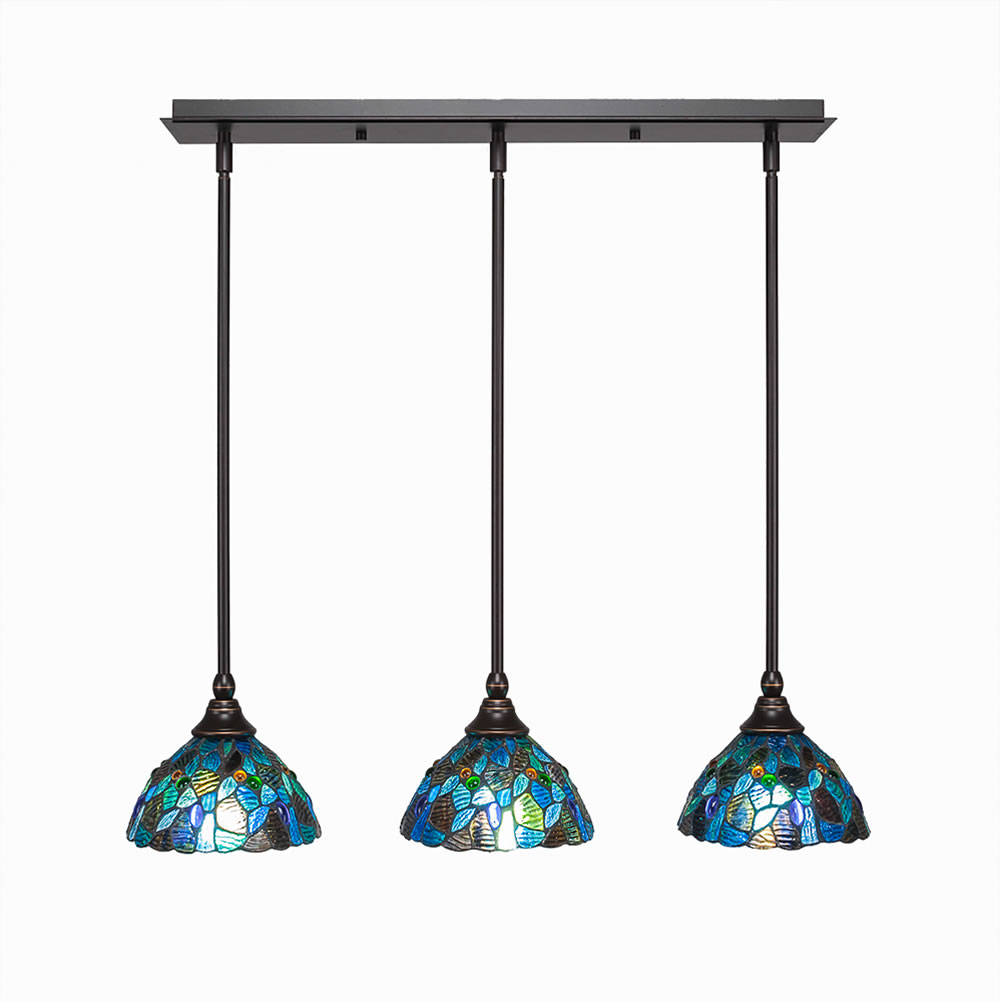 3 Light Multi Light Mini Pendant With Hang Straight Swivels Shown In Dark Granite Finish With 7" Blue Mosaic Tiffany Glass