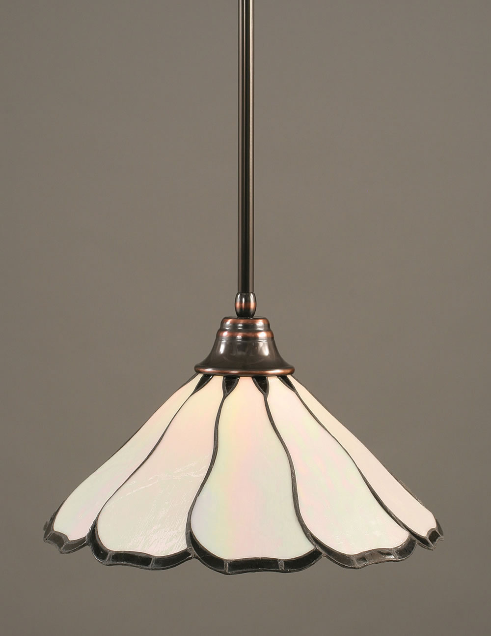 Stem Pendant With Hang Straight Swivel Shown In Black Copper Finish With 16" Pearl & Black Flair Tiffany Glass