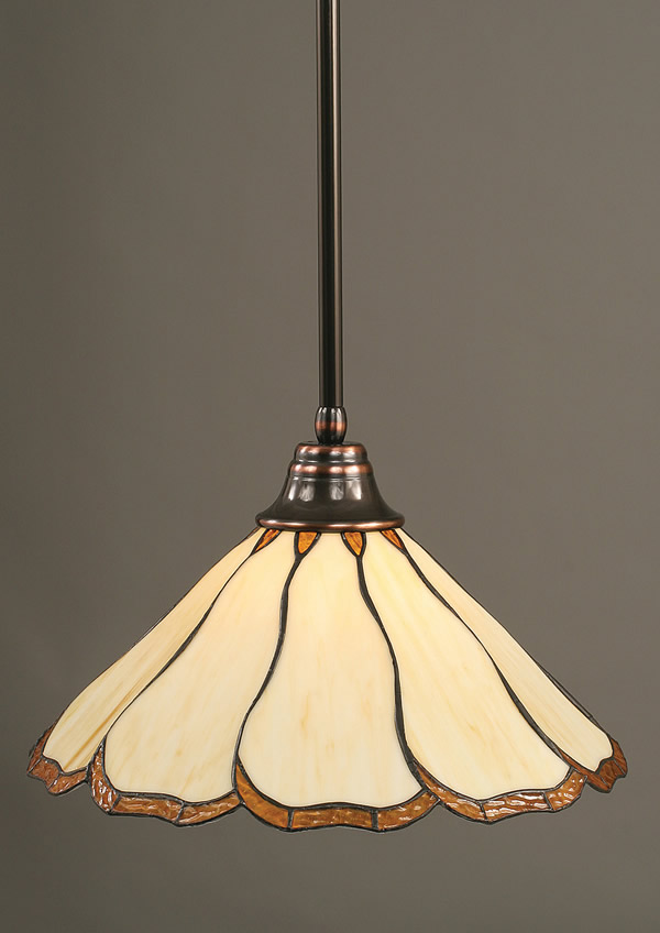 Stem Pendant With Hang Straight Swivel Shown In Black Copper Finish With 16" Honey & Brown Flair Tiffany Glass