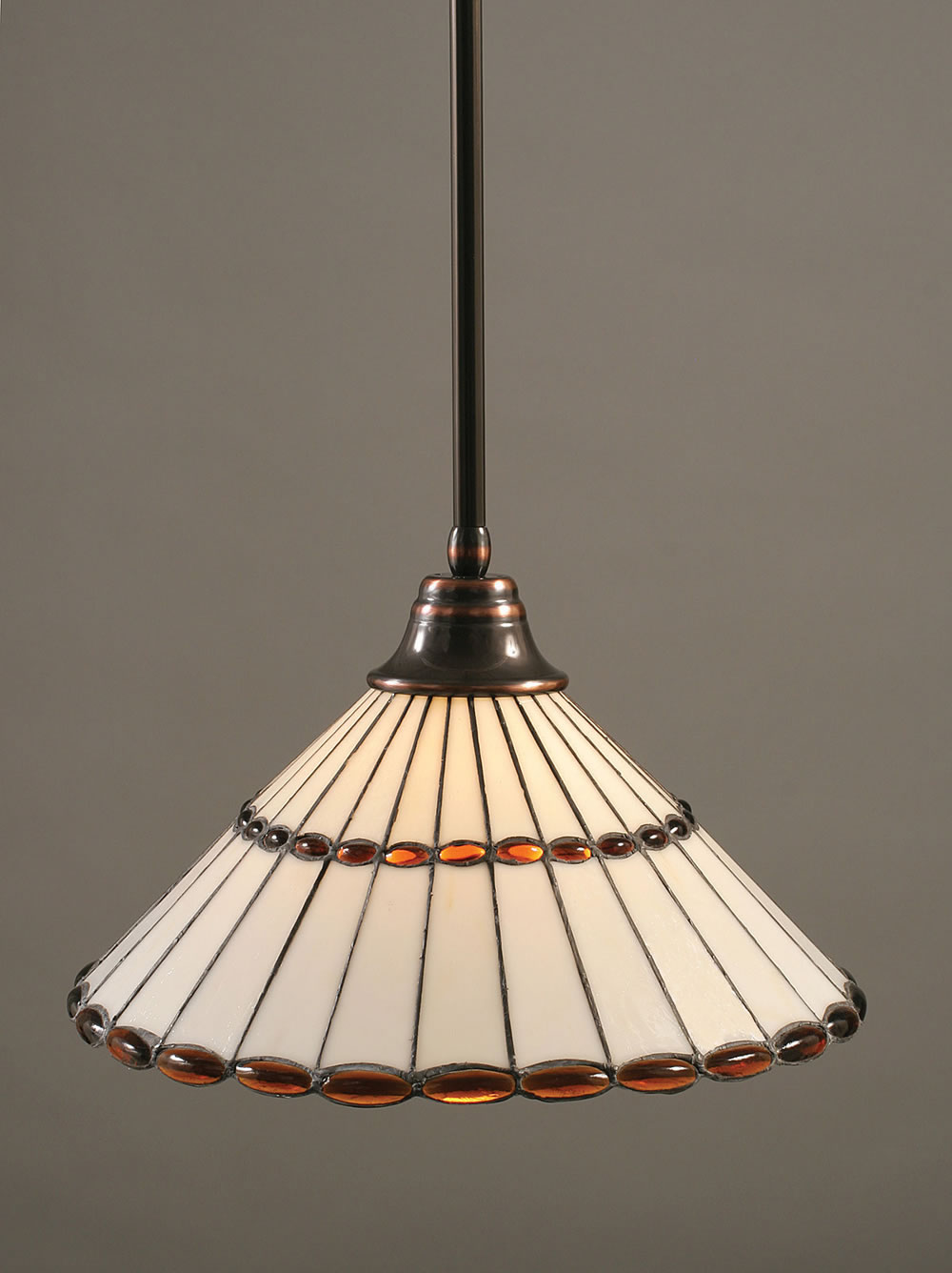 Stem Pendant With Hang Straight Swivel Shown In Black Copper Finish With 15.5" Honey Glass & Amber Brown Jewels Tiffany Glass