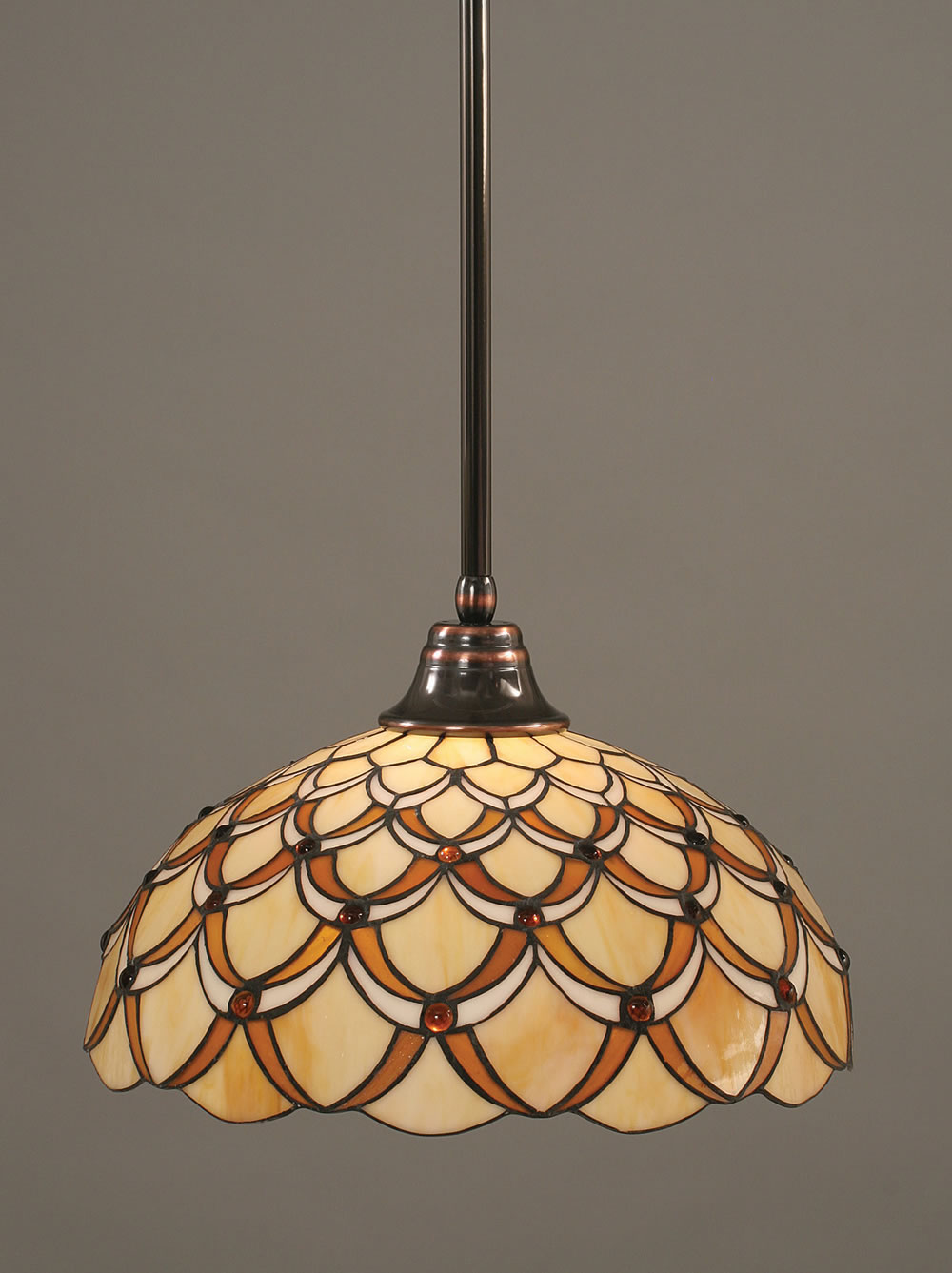 Stem Pendant With Hang Straight Swivel Shown In Black Copper Finish With 16" Honey & Brown Scallop Tiffany Glass
